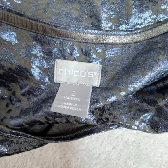 Chico's Womens Metallic Leopard Print Long Sleeve Top Size 2, Large Gray Stretch - Picture 3 of 7